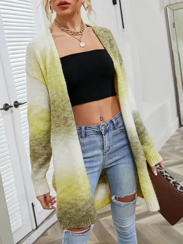 Open-Front Long-Sleeve Drop-Shoulder Mid-Length Knit Jacket