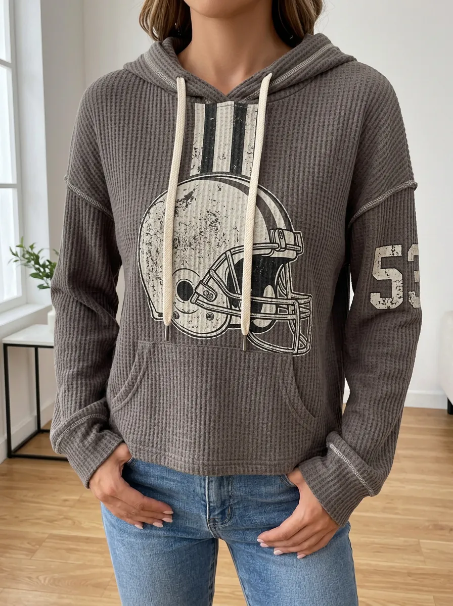 Women's Football Fan Helmet Number 53 Printed Waffle Hoodie