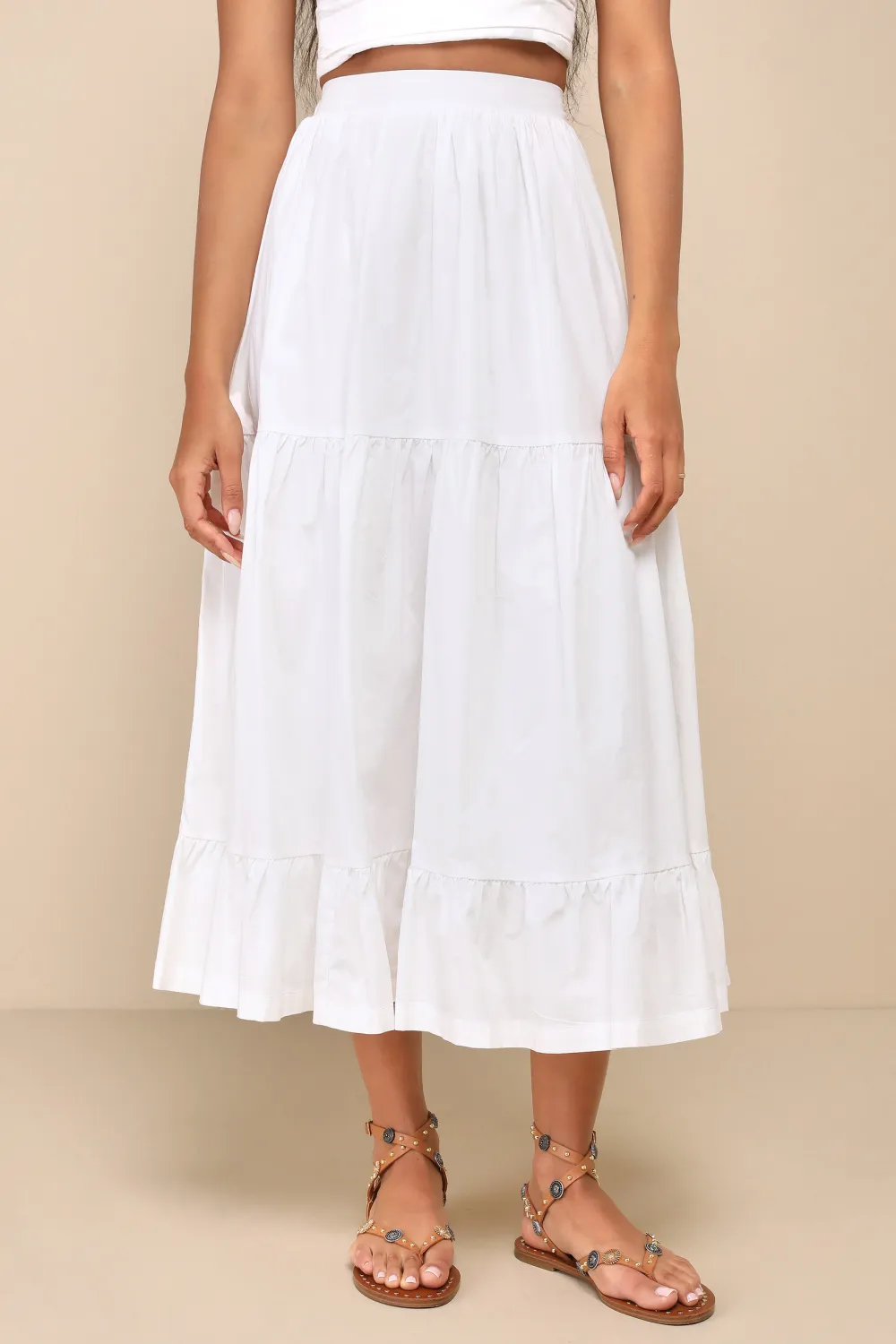 Casual Style White Cotton Tiered Midi Skirt