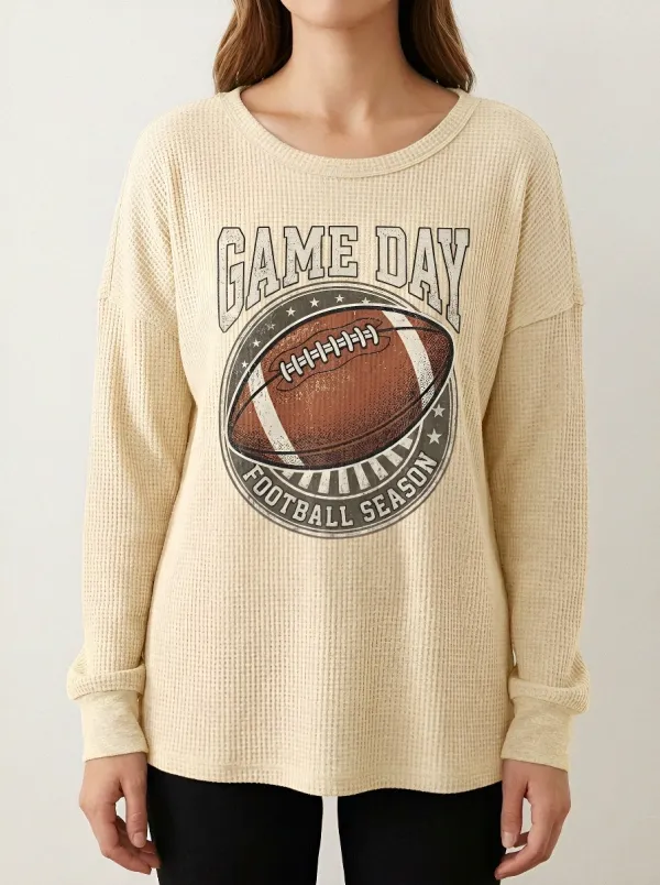 Women's Game Day Football Season Graphic Printed Waffle Knit T-Shirt