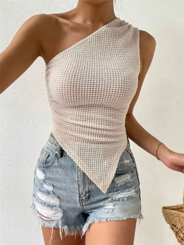 Waffle Knit Textured One Shoulder Tank Top