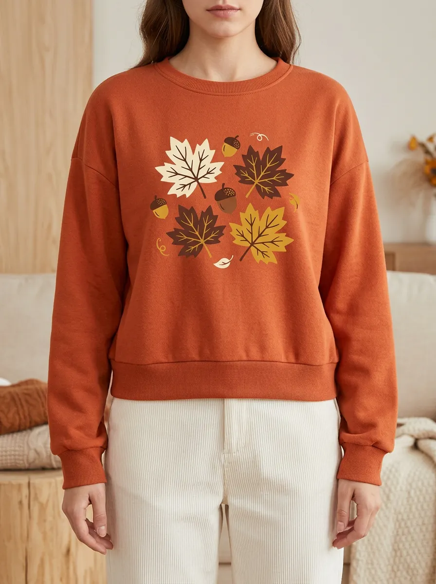 Textured Profile Maple-Leaf Printed Acorn Graphic Sweatshirt