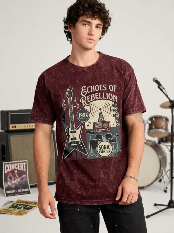 Men's Rock Music Lover Guitar Radio Printed Acid Wash T-shirt