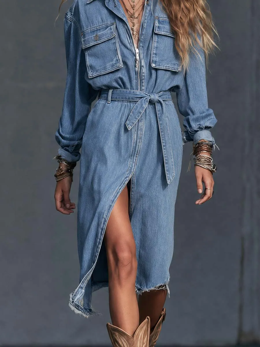 Belted Front Slit Cargo Pocket Denim Shirt Midi Dress
