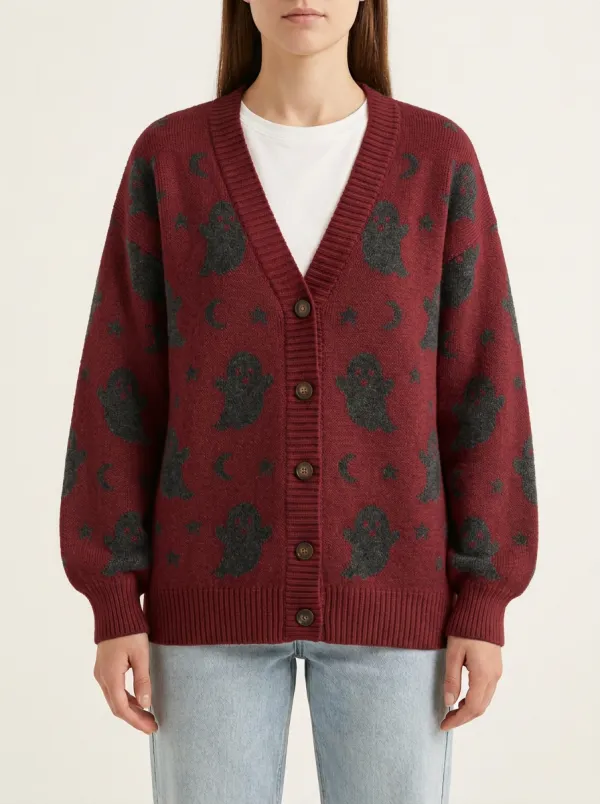 Women's Halloween Ghost Moon Star Patterned Knitted Cardigan