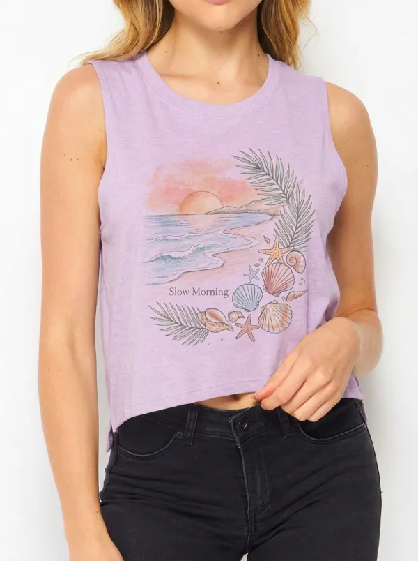 Women's Beach Lover Slow Morning Seashell Palm Printed Tank Top