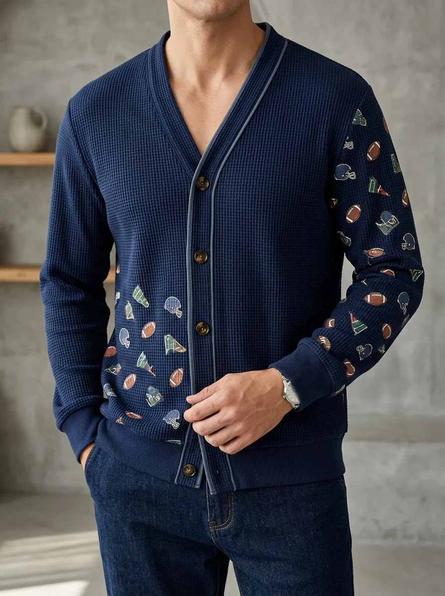 Men's Heritage American Football Fan Helmet Ball Printed Waffle Cardigan