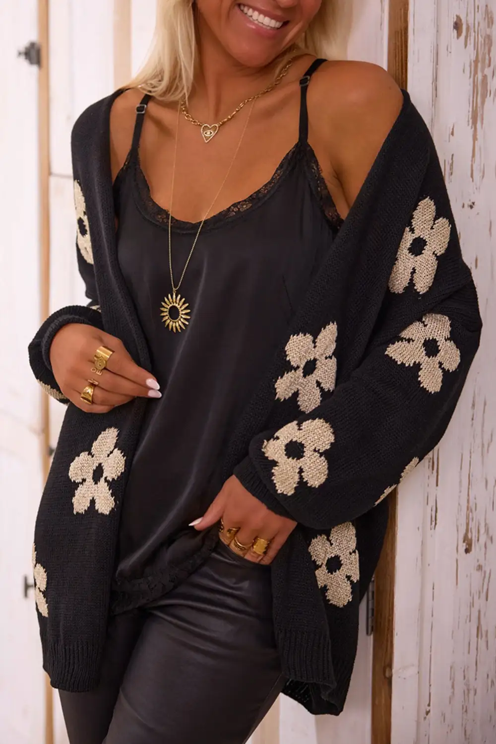 Floral Print Knit Open Front Loose Cardigan