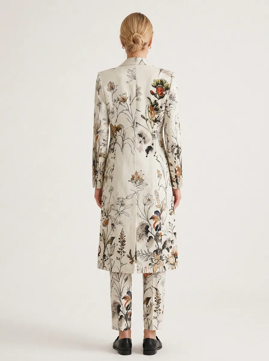 Women's Botanical Floral Art Printed Long Blazer Coat