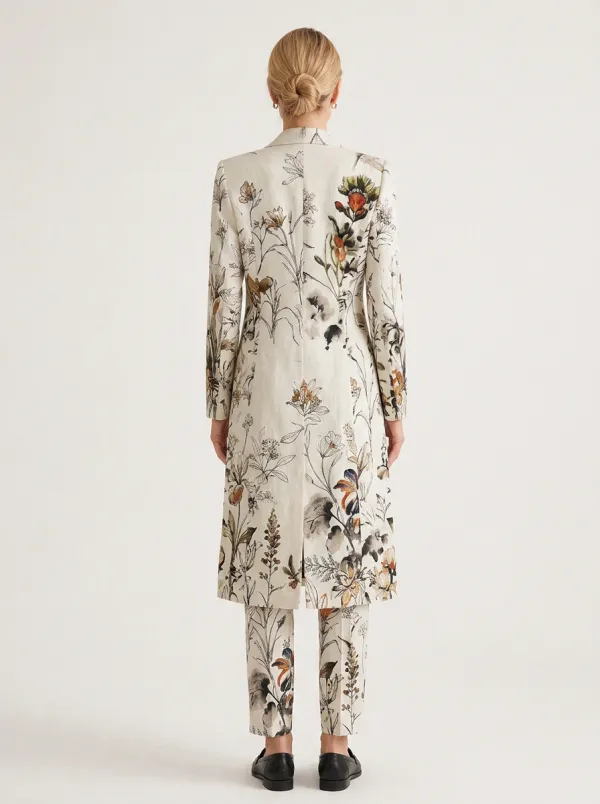 Women's Botanical Floral Art Printed Long Blazer Coat