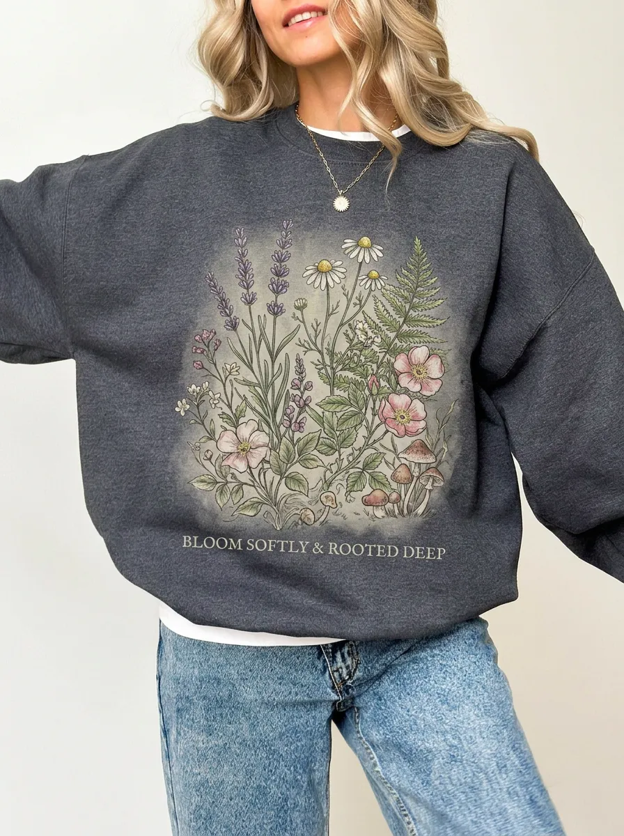 Women's Botanical Nature Lover Wildflower Mushroom Printed Sweatshirt