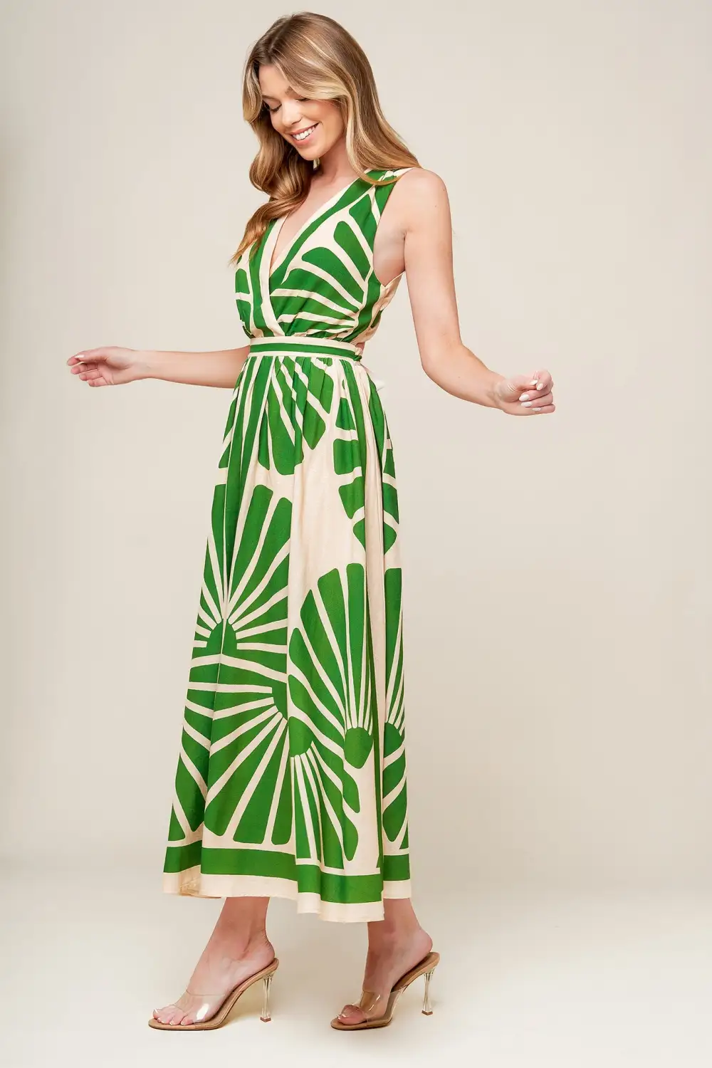 Surplice Linen-Blend Printed Midi Dress