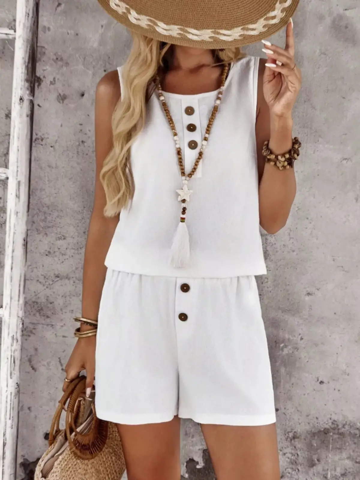 Round-Neck Button-Detail Cotton Shorts Matching Set