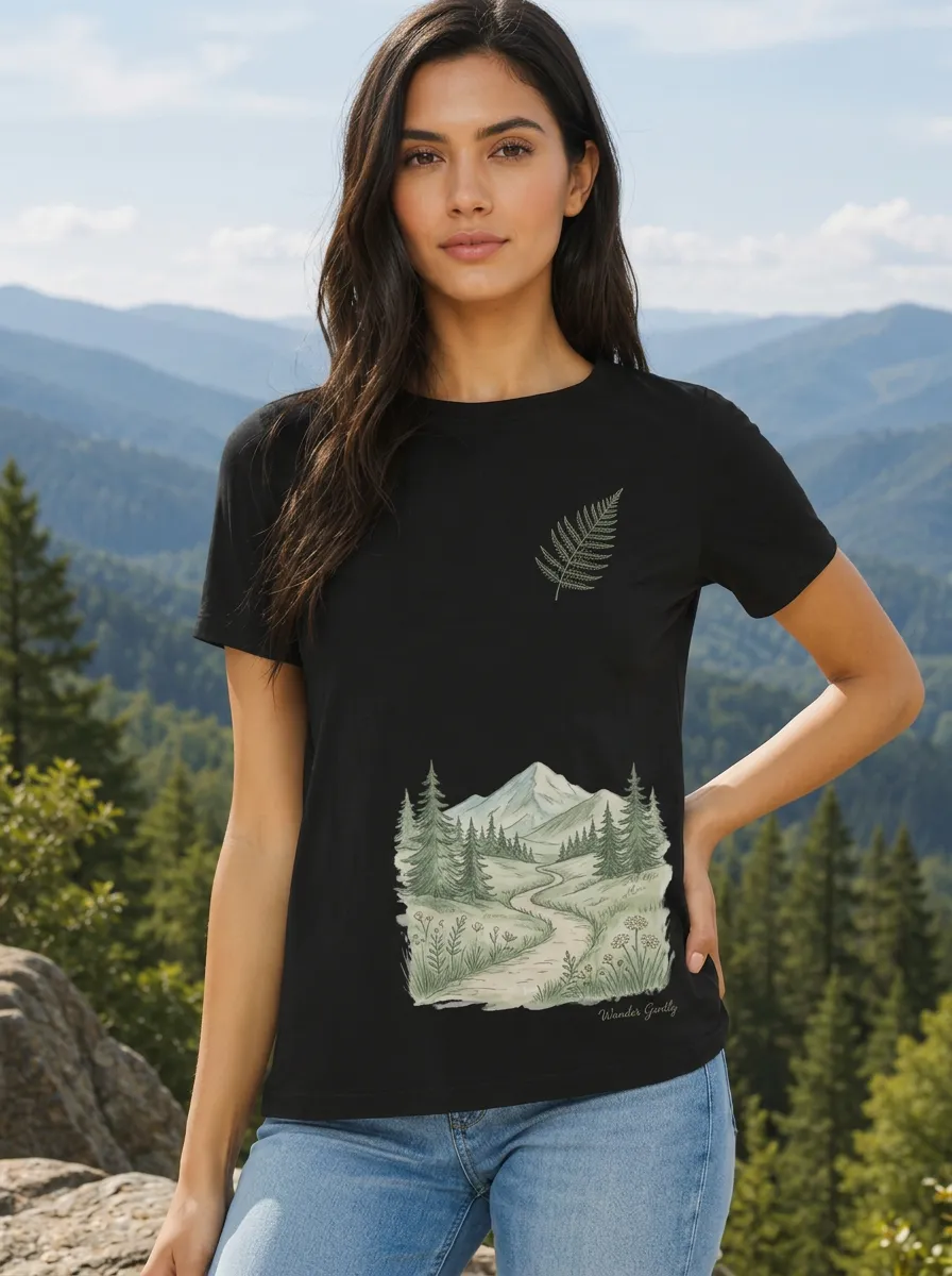 Women's Nature Lover Mountain Forest Path Fern Printed T-shirt