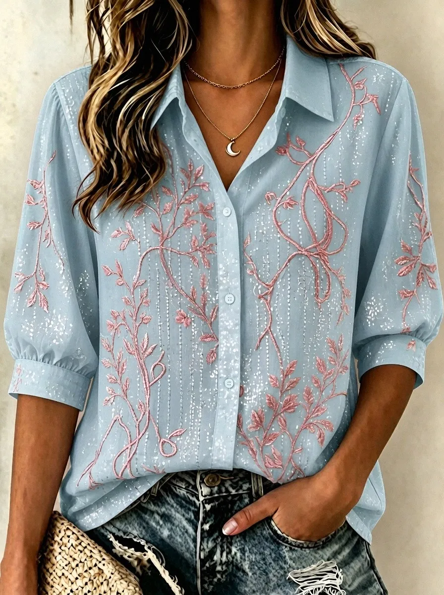 Women's Breast Cancer Awareness Floral Embroidered Printed Shirt