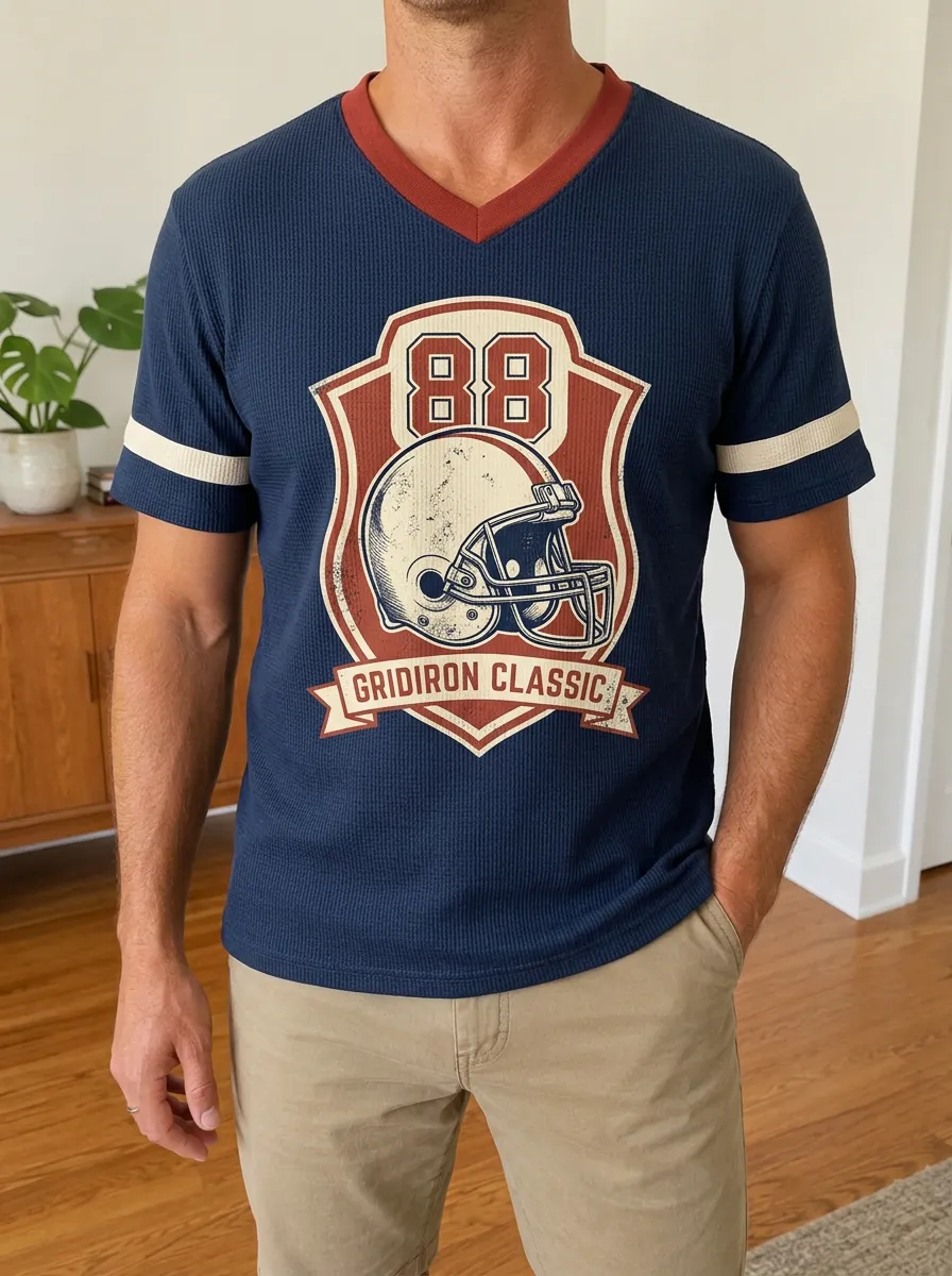 Men's American Football 88  Classic Printed Waffle V-neck Shirt