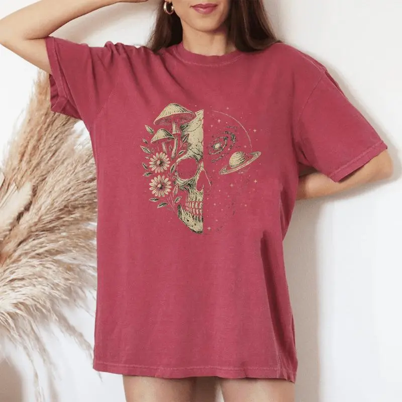 Skull Galaxy Mushroom Flowers Cosmos Aesthetic Spiritual Women's Oversized Comfort T-Shirt
