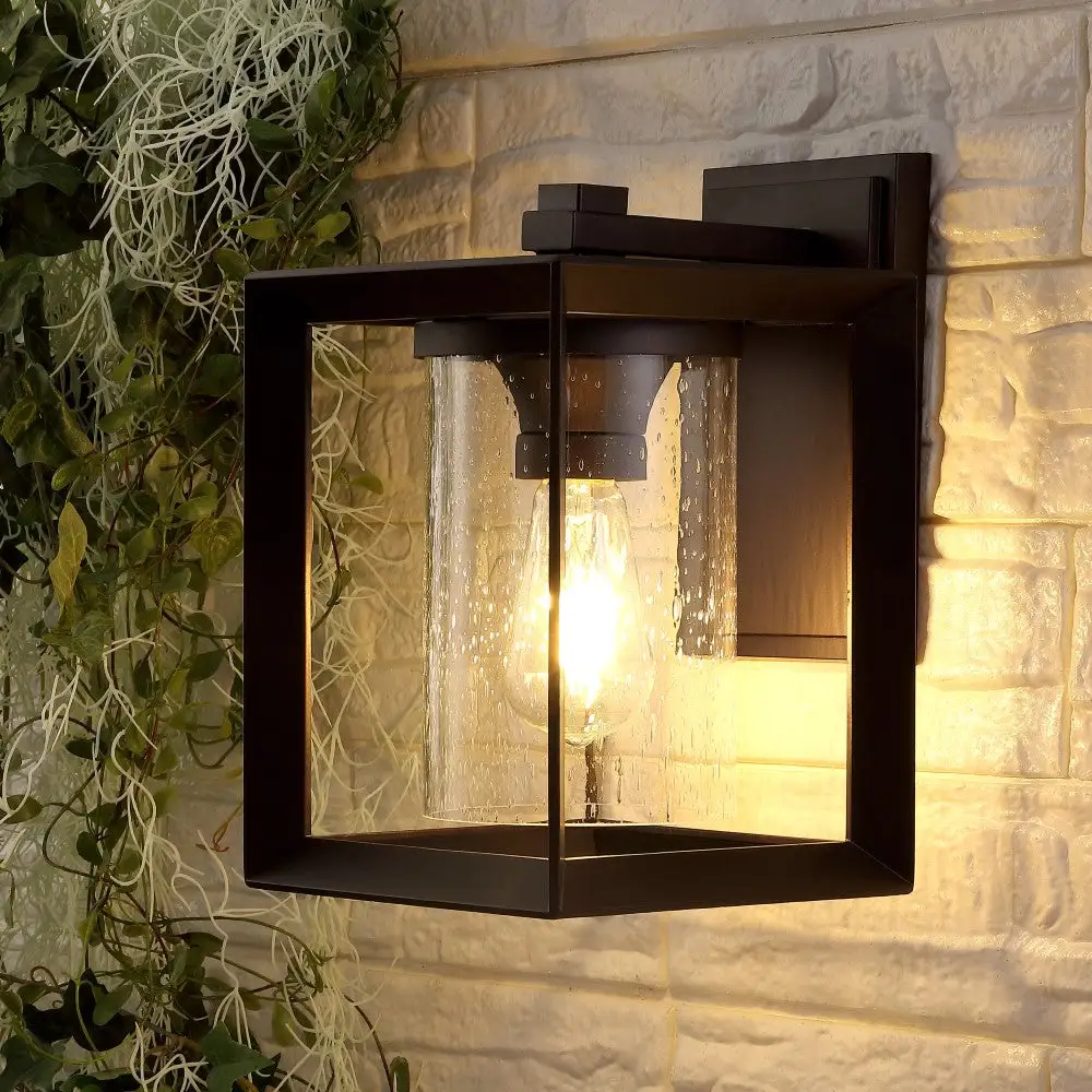 Single-Light Iron/glass Modern Rustic Cube LED Outdoor Lantern