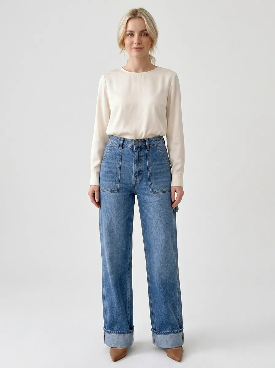 Women's Casual Fashion Wide Leg Cuffed Denim Jeans