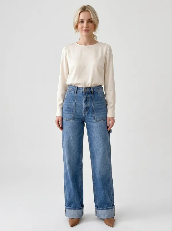 Women's Casual Fashion Wide Leg Cuffed Denim Jeans