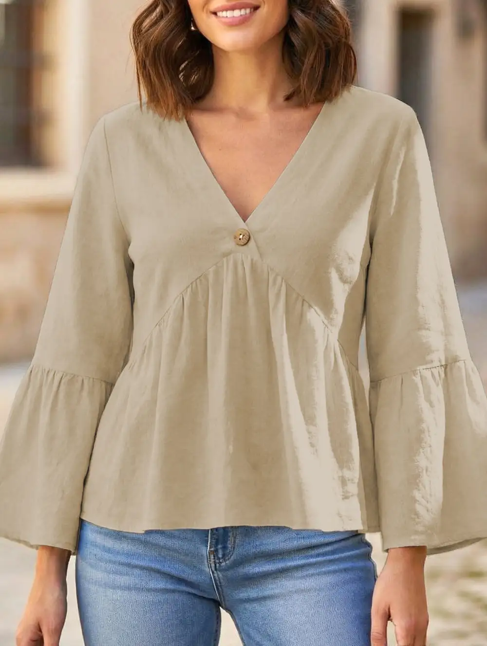 V Neck Ruffle Sleeve Cotton Blouse