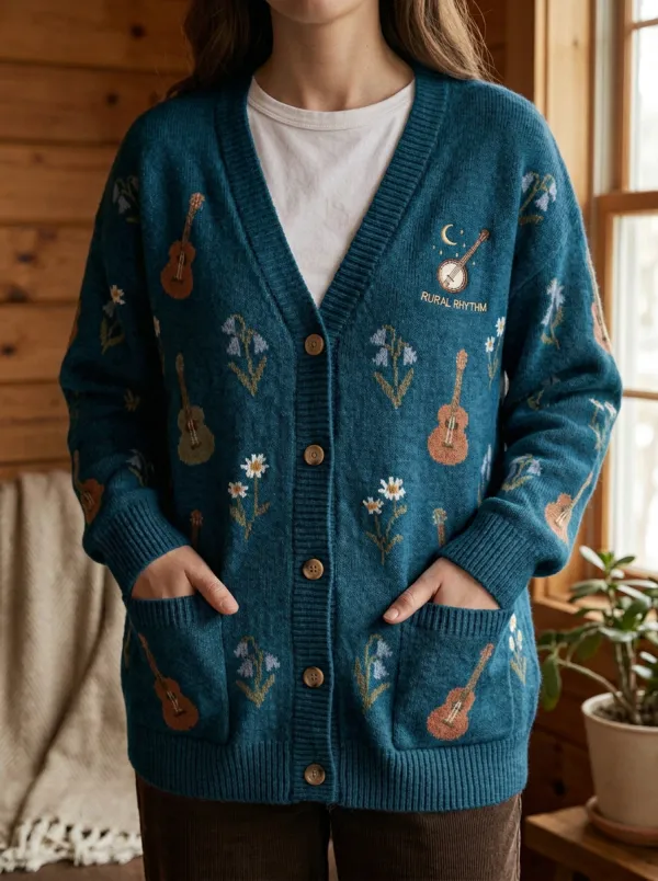 Banjo Floral Women's Country Music Casual Cardigan