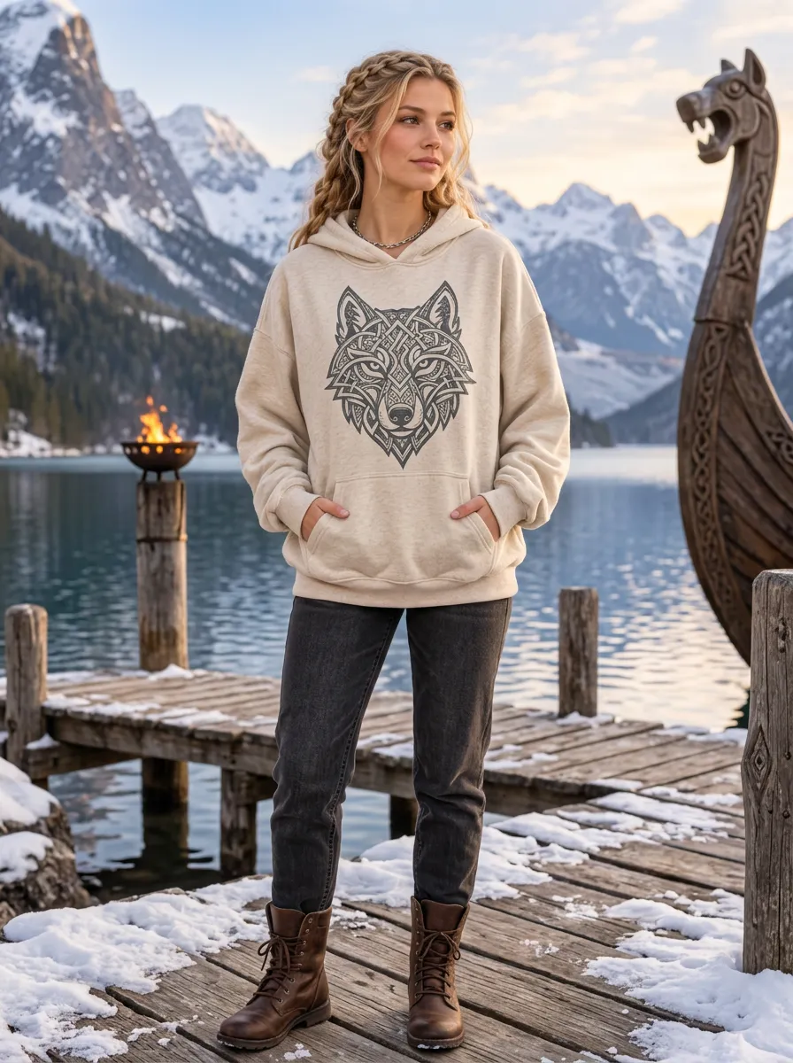 Women's Viking-Inspired Celtic Wolf Knot Pullover Hoodie
