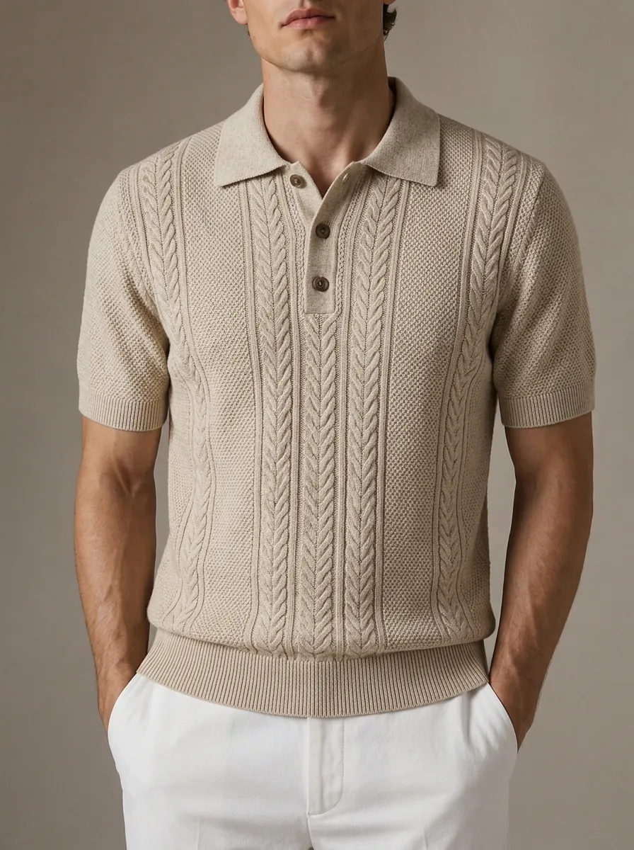 Men's Cable-Knit Short Sleeve Polo Shirt with Textured Knit