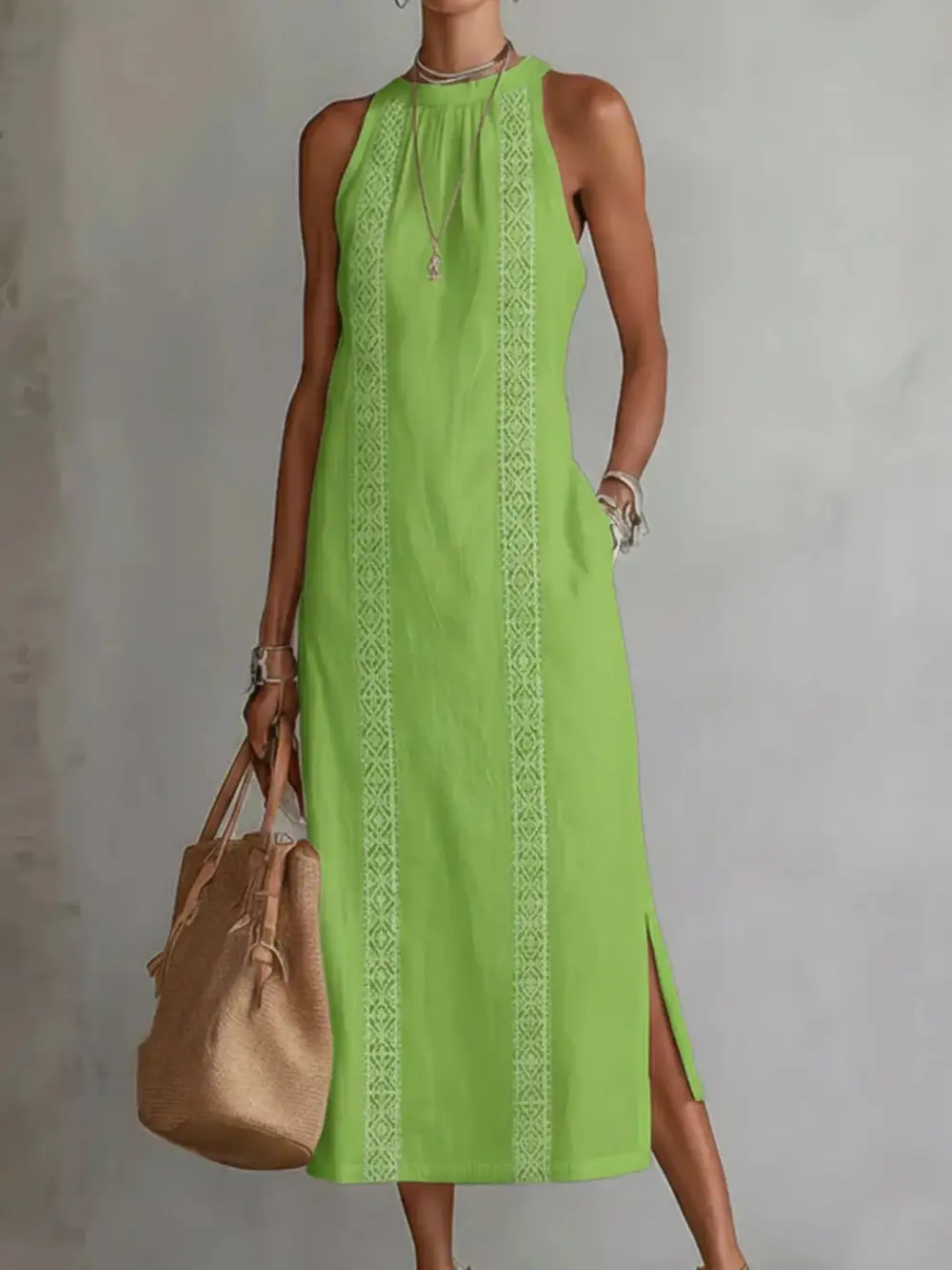 Sleeveless Lace Trim Midi Dress