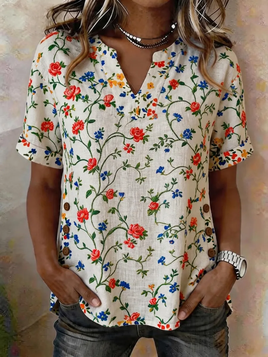 Women's Cotton And Linen Printed Top