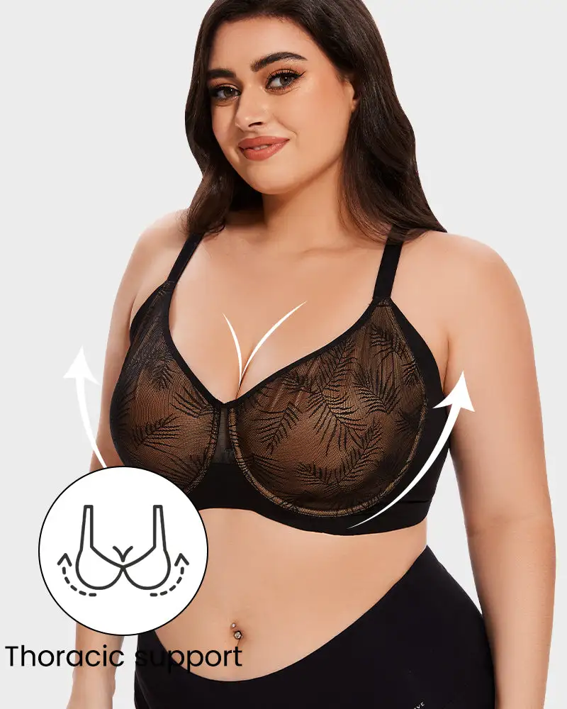 Leaf Pattern Lace Full Coverage Unlined Push Up Bra