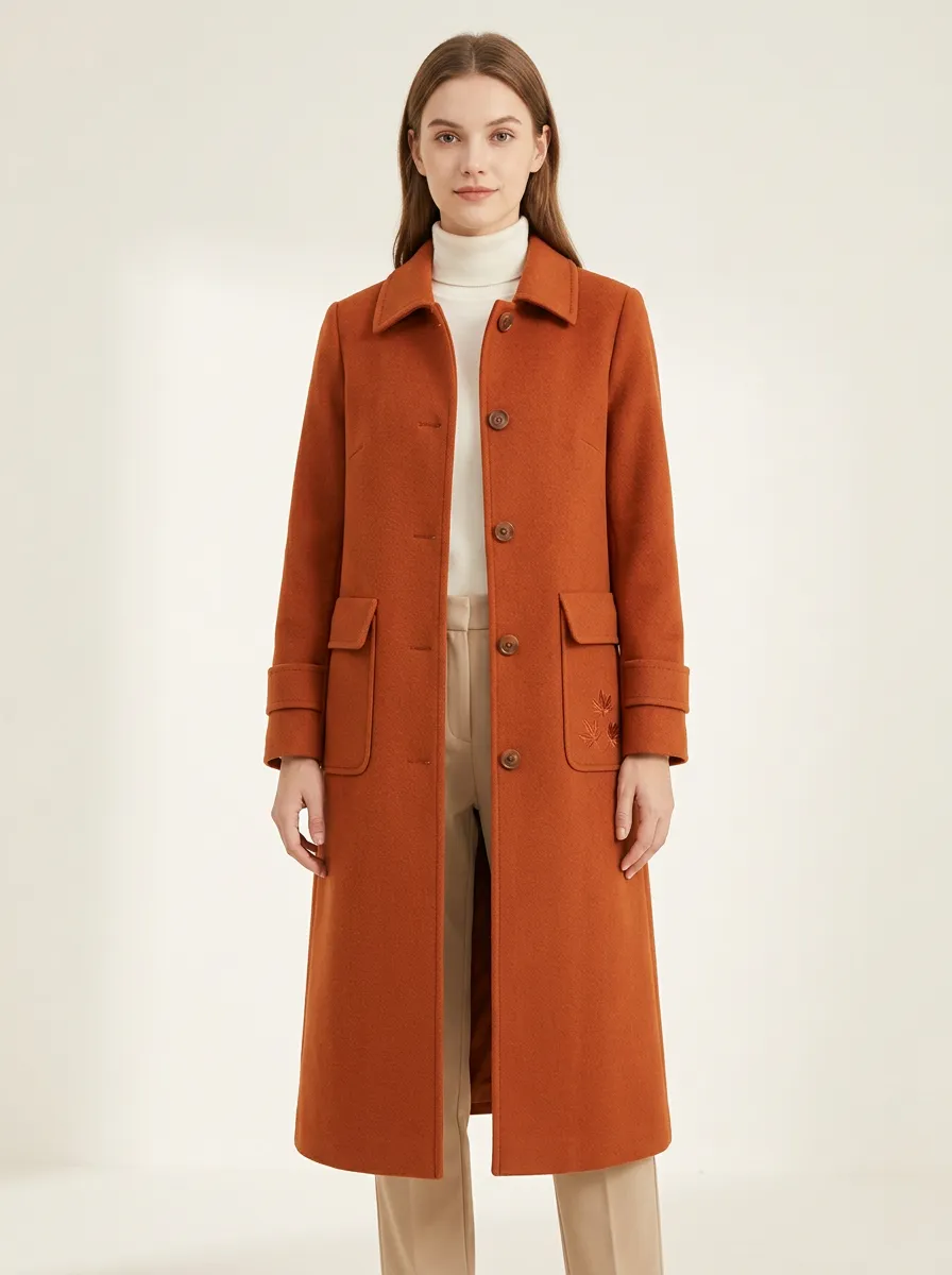 Maple-Leaf Embroidered Wool Outerwear Coat