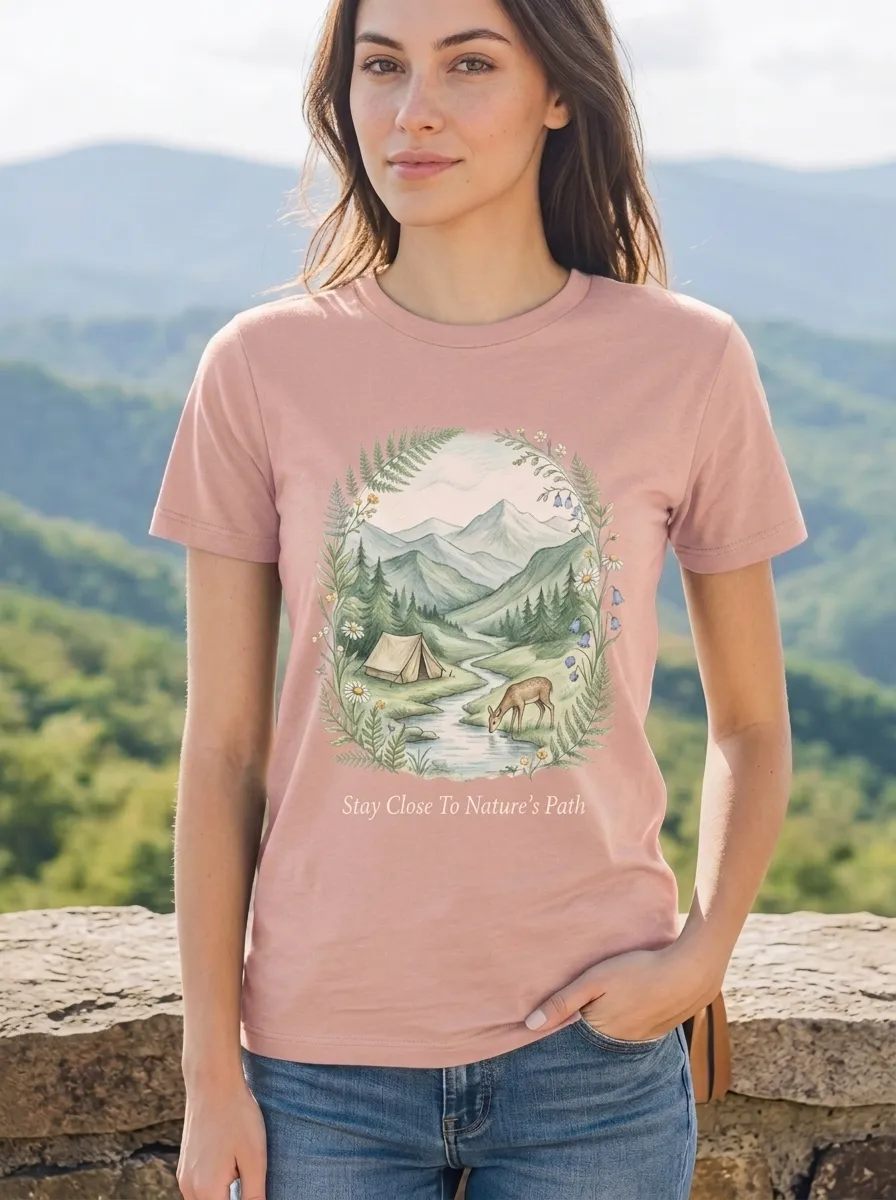 Women's Nature Lover Camping Deer Mountain Printed T-shirt