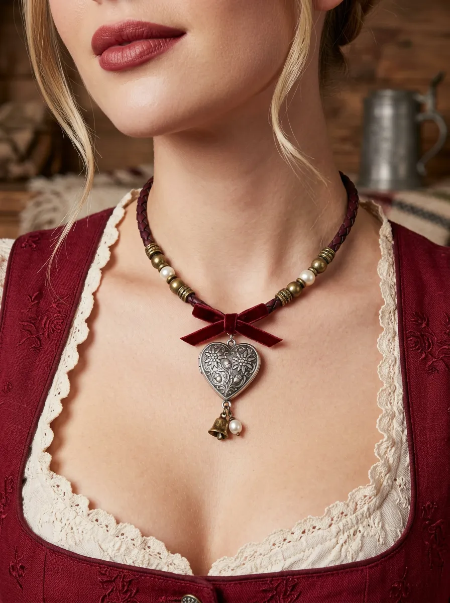 Heart Pendant Choker Locket Floral Women's Bavarian Oktoberfest Necklace