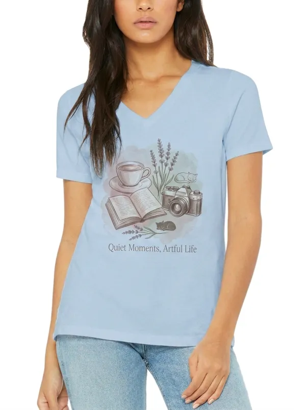 Women's Book Coffee Camera Cat Printed V-neck T-shirt
