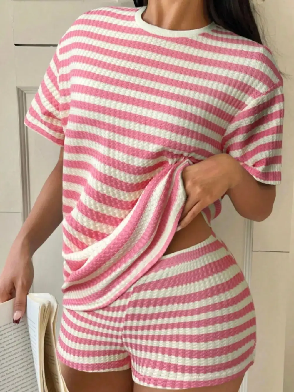 Relaxed Striped Round Neck Top Shorts Set