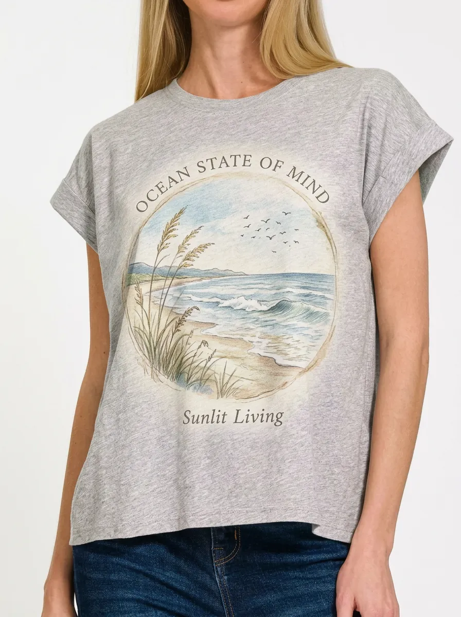 Women's Beach Lover Ocean State of Mind Printed T-shirt