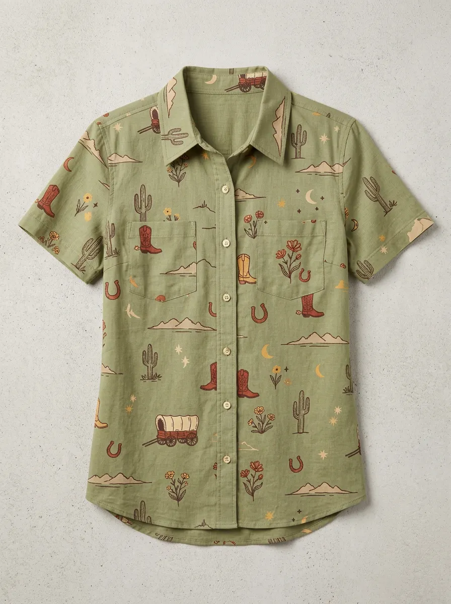Women's Western Cowboy Cactus Boot Printed Short Sleeve Shirt