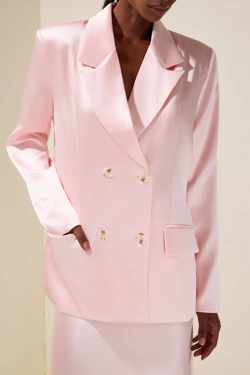 Solid Tailored Collar Blazer & High Waist Maxi Skirt Set