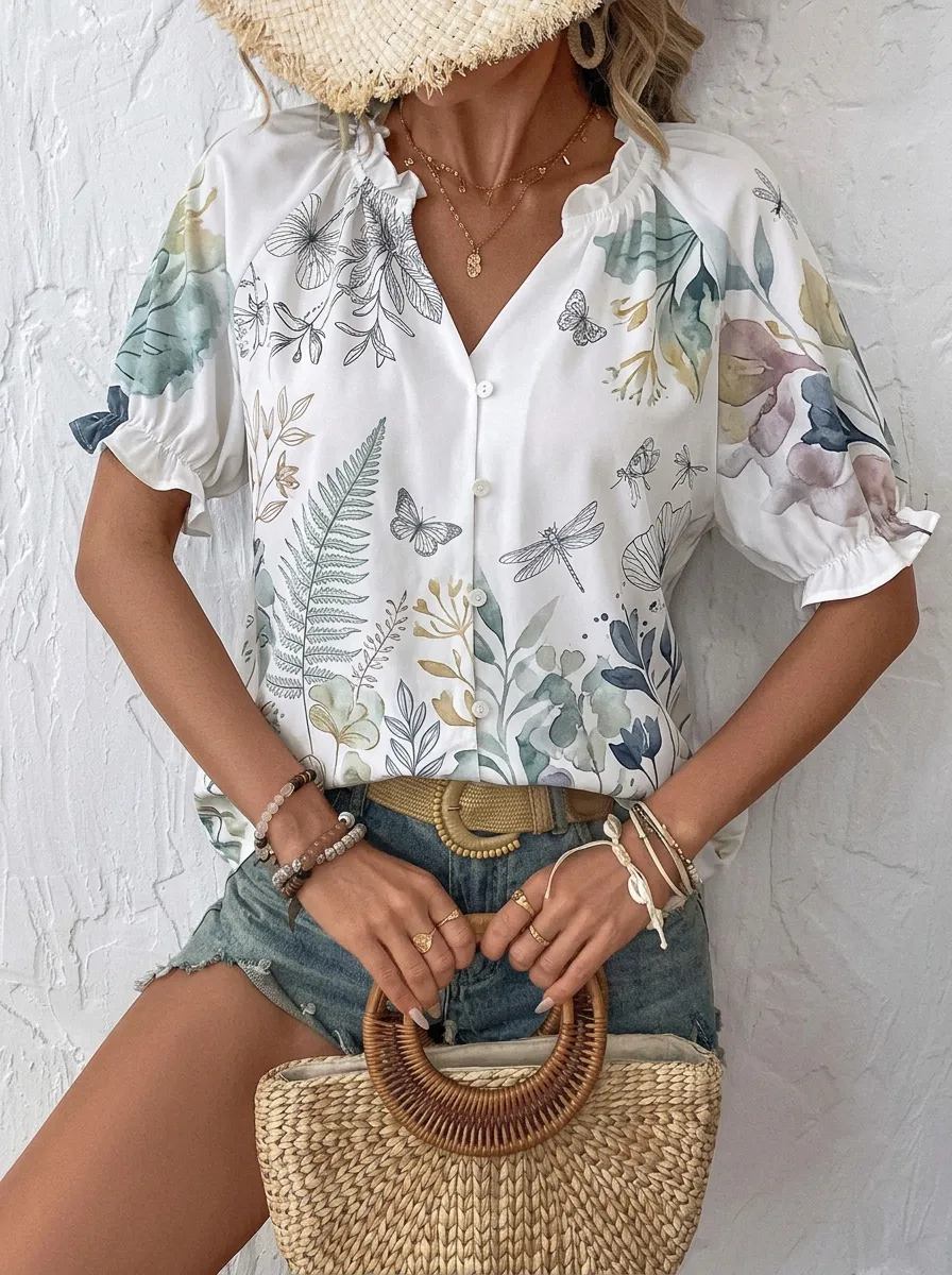 Women's Botanical Nature Lover Dragonfly Butterfly Printed Blouse
