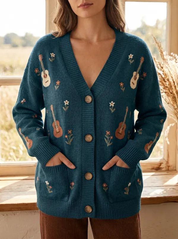 Western Guitar Floral Women's Country Music Casual Cardigan