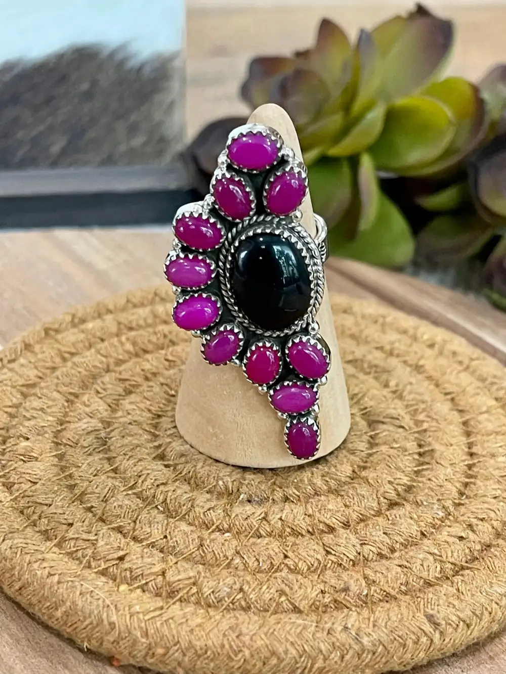 Cluster Adjustable Onyx Sterling Silver Ring