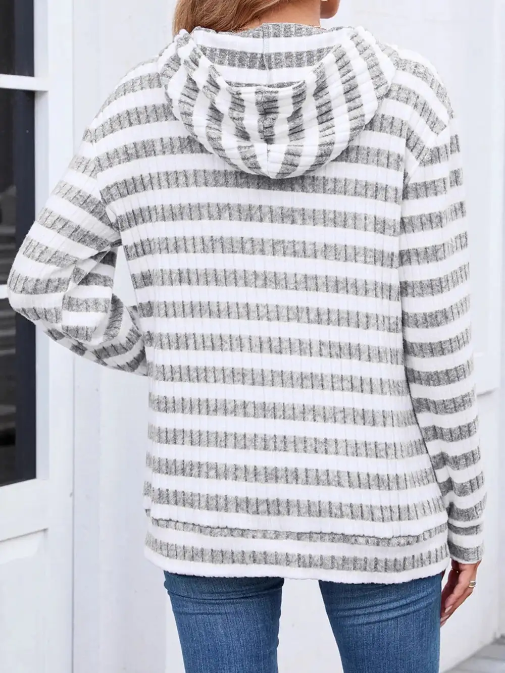 Kangaroo-Pocket Ribbed Knit Striped Hoodie