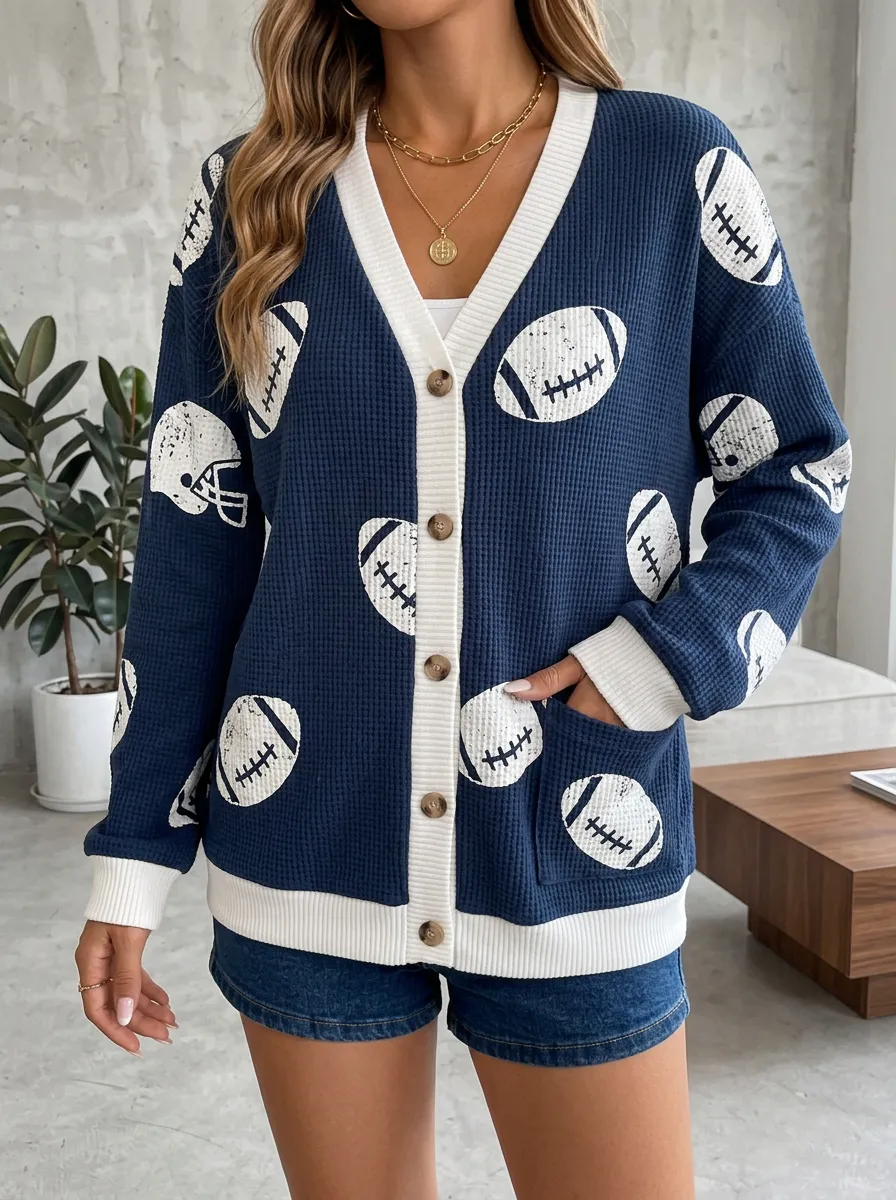 Women's Game Day Football Fan Helmet Ball Printed Waffle Knit Cardigan