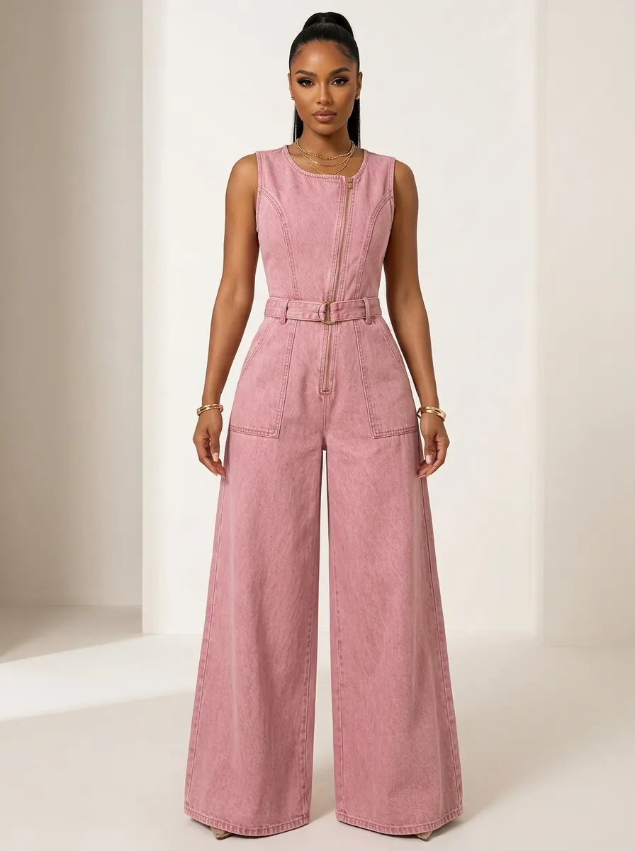 Pink Zip-Front Belted Denim Jumpsuit