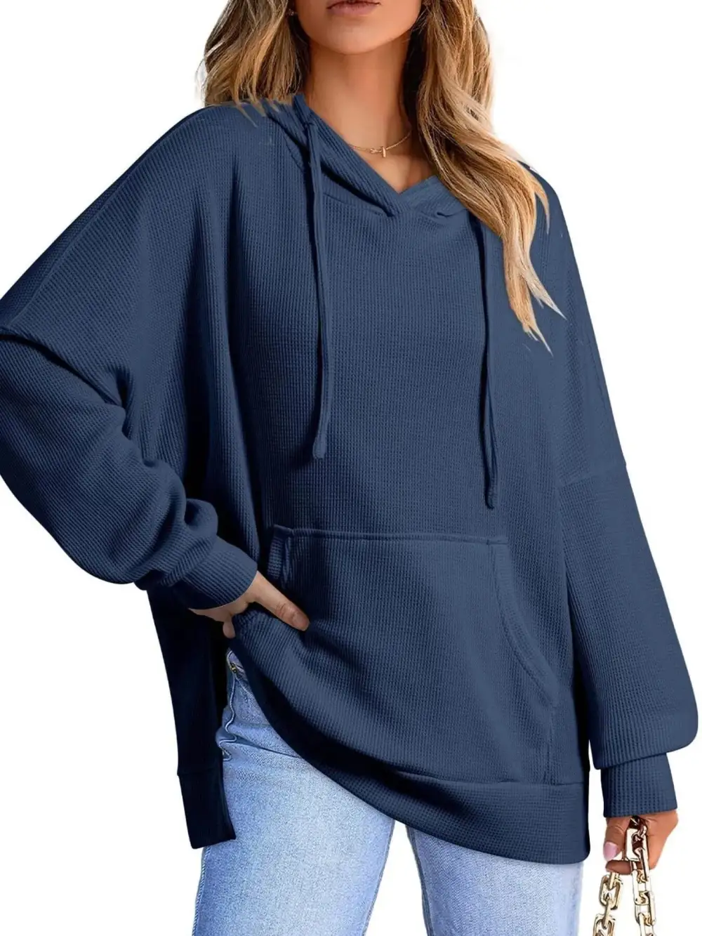 Tailored Drawstring Pocketed Waffle-Textured Knit Hoodie