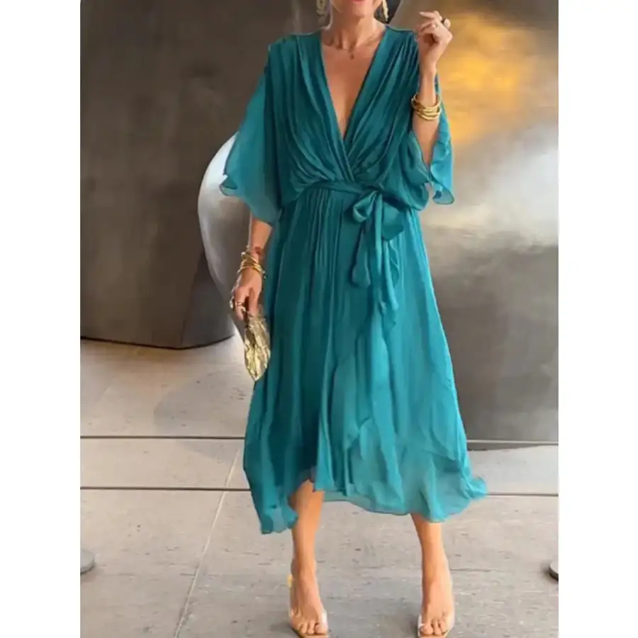 Full Size Flowy Tie Front Midi Dress with Flutter Sleeves Plus Size