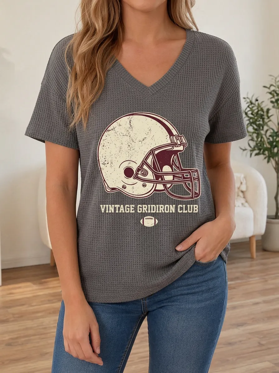 Women's Football Fan Vintage Gridiron Club Printed Waffle Top