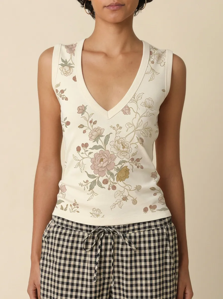 Women's Vintage Floral Botanical Printed V-neck Tank Top