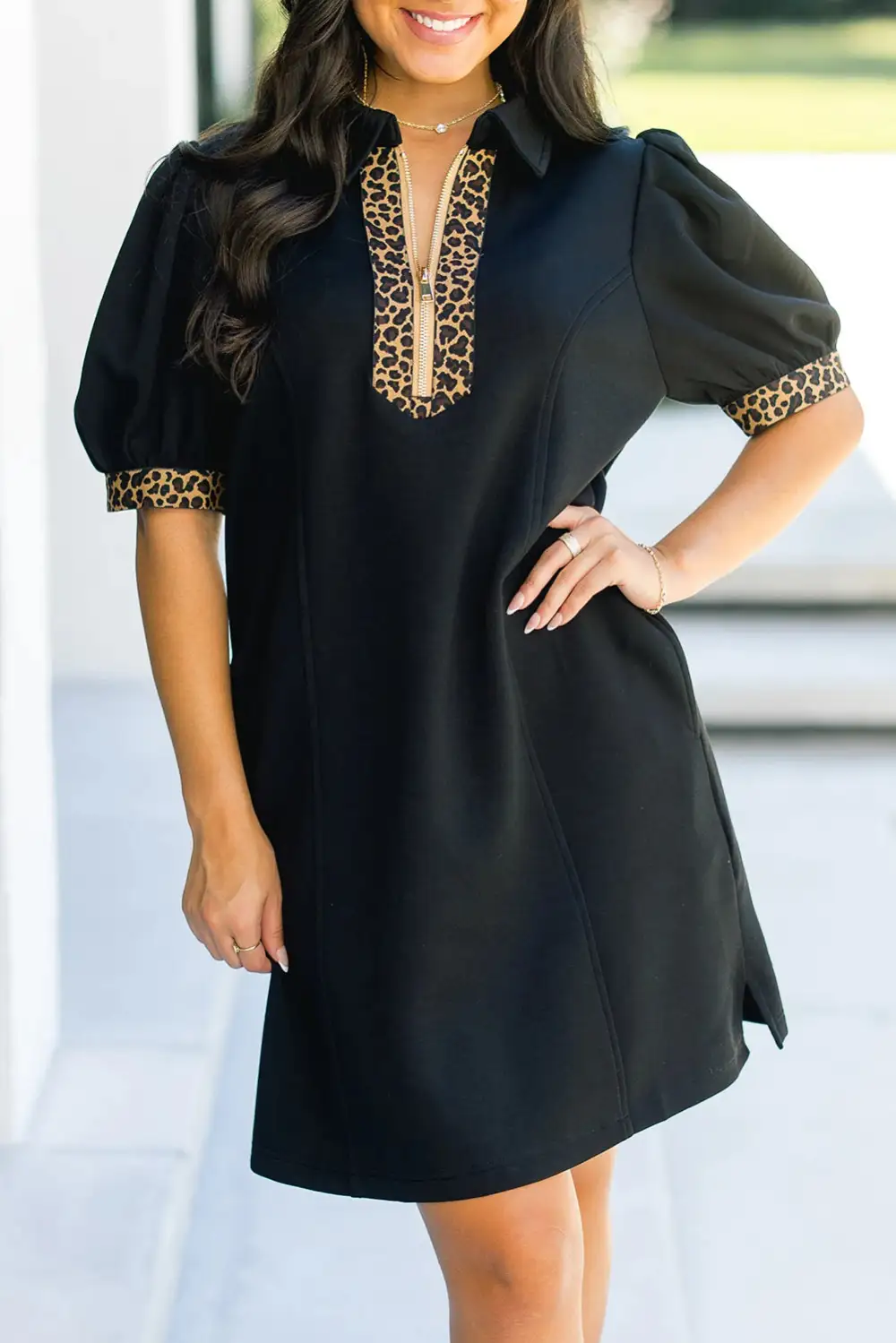 Leopard Patchwork Zip Collared Short Puff Sleeve Shift Mini Dress